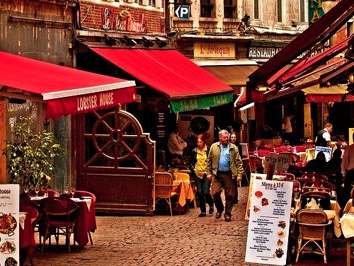 Dining on Rue des Bouchers, Brussels, Belgium